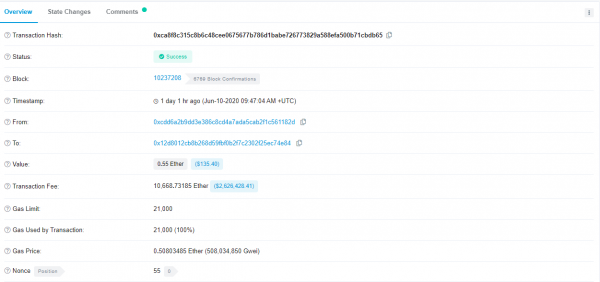 Неизвестный пользователь заплатил за две транзакции комиссии в ETH на $5.2 млн