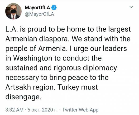 &laquo;Турция должна уйти&raquo;: Мэр Лос-Анджелеса поддержал Карабах и Армению