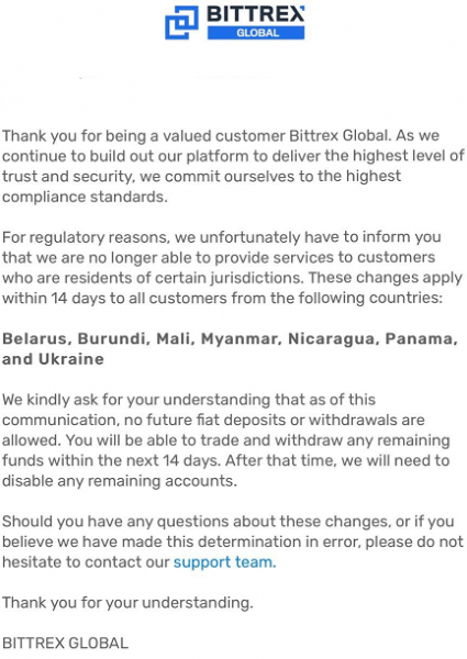 Bittrex Global прекратит работу с пользователями из Белоруссии и Украины